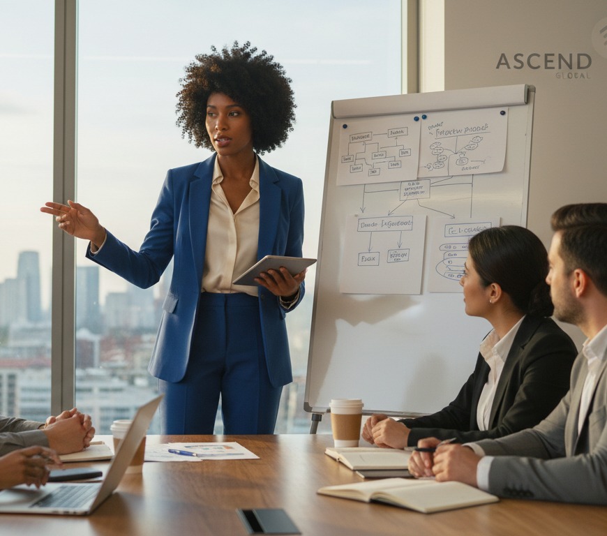 Mulher liderando uma reunião estratégica com sua equipe em uma sala de reuniões